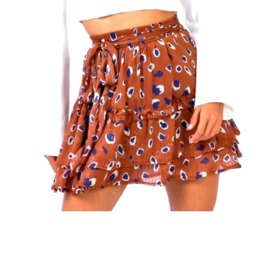 Princess Polly Abstract Leopard Size 8 Pull On Tiered Brown Cream Skirt
